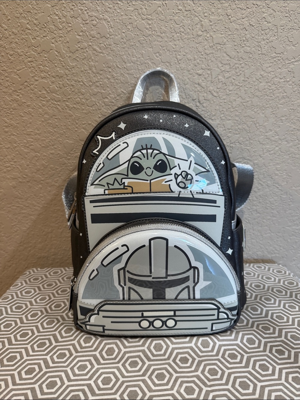 Loungefly Stars  The Mandalorian Mini Backpack in Black and Silver